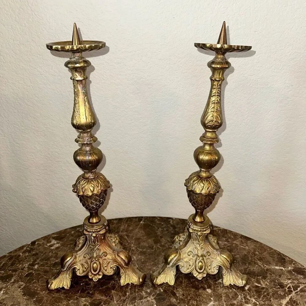 Ornate Brass Alter Candlesticks Pair